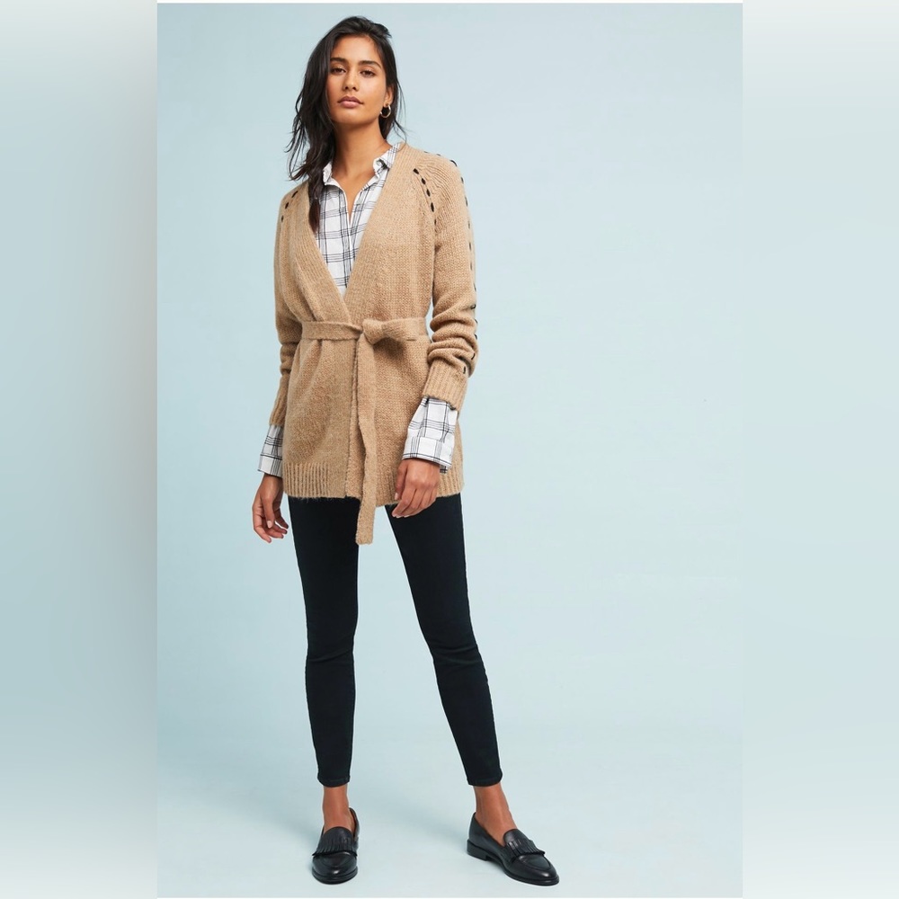 Moth Anthropologie Womens Civita Knit Cardigan Belted Tan Sz XS